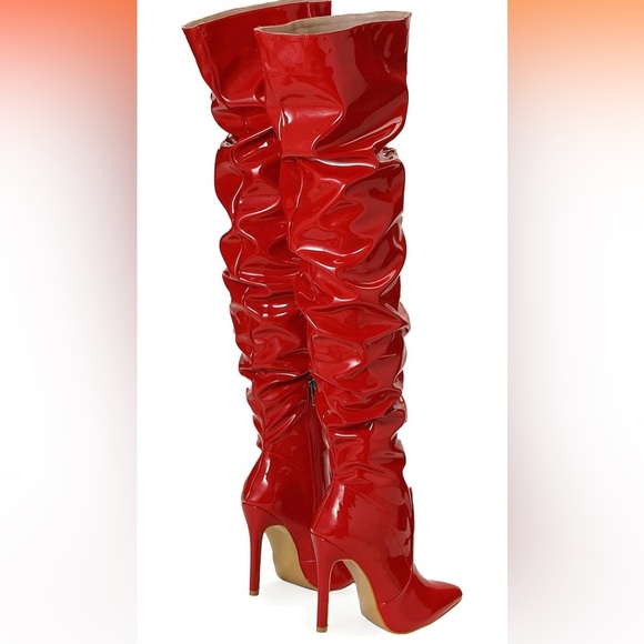 PLT Red Patent Leather Thigh High Slouch Pointed Toe Over The Knee Boots 10 - Picture 9 of 11